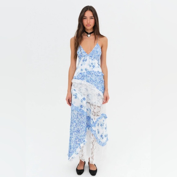 For Love and Lemons Rosalyn Maxi Dress Size XS Blue and White - Picture 1 of 2